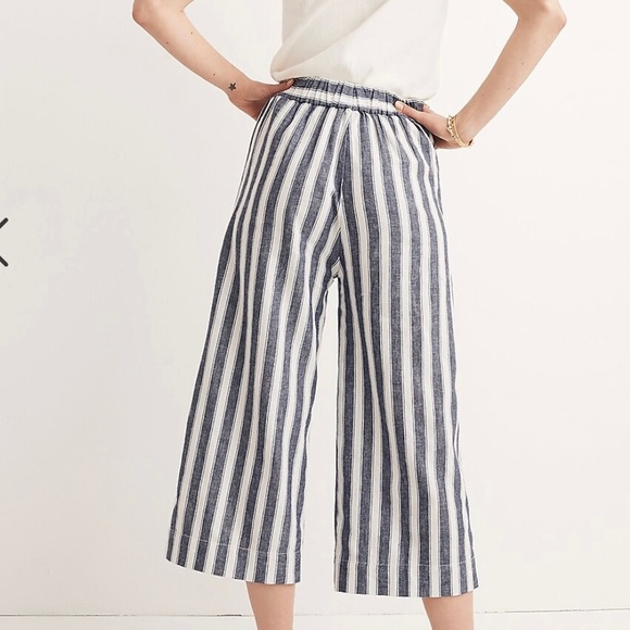 Madewell Huston Linen Blend Stripe Pull On Crop Pant Blue/White Size Med… - Picture 3 of 16